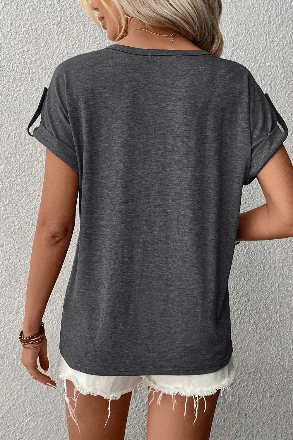 Gray Solid Button V Neck Short Sleeve Top