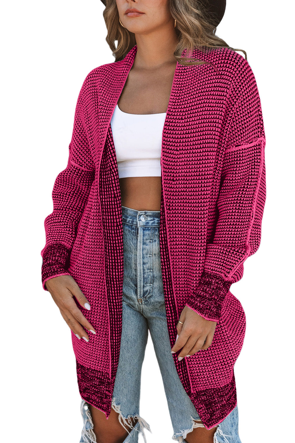 Pink Plaid Contrast Trim Casual Knit Long Cardigan*