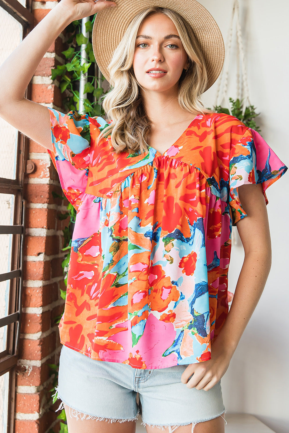 Pink Boho Abstract Print Color Block V Neck Flutter Sleeve Blouse