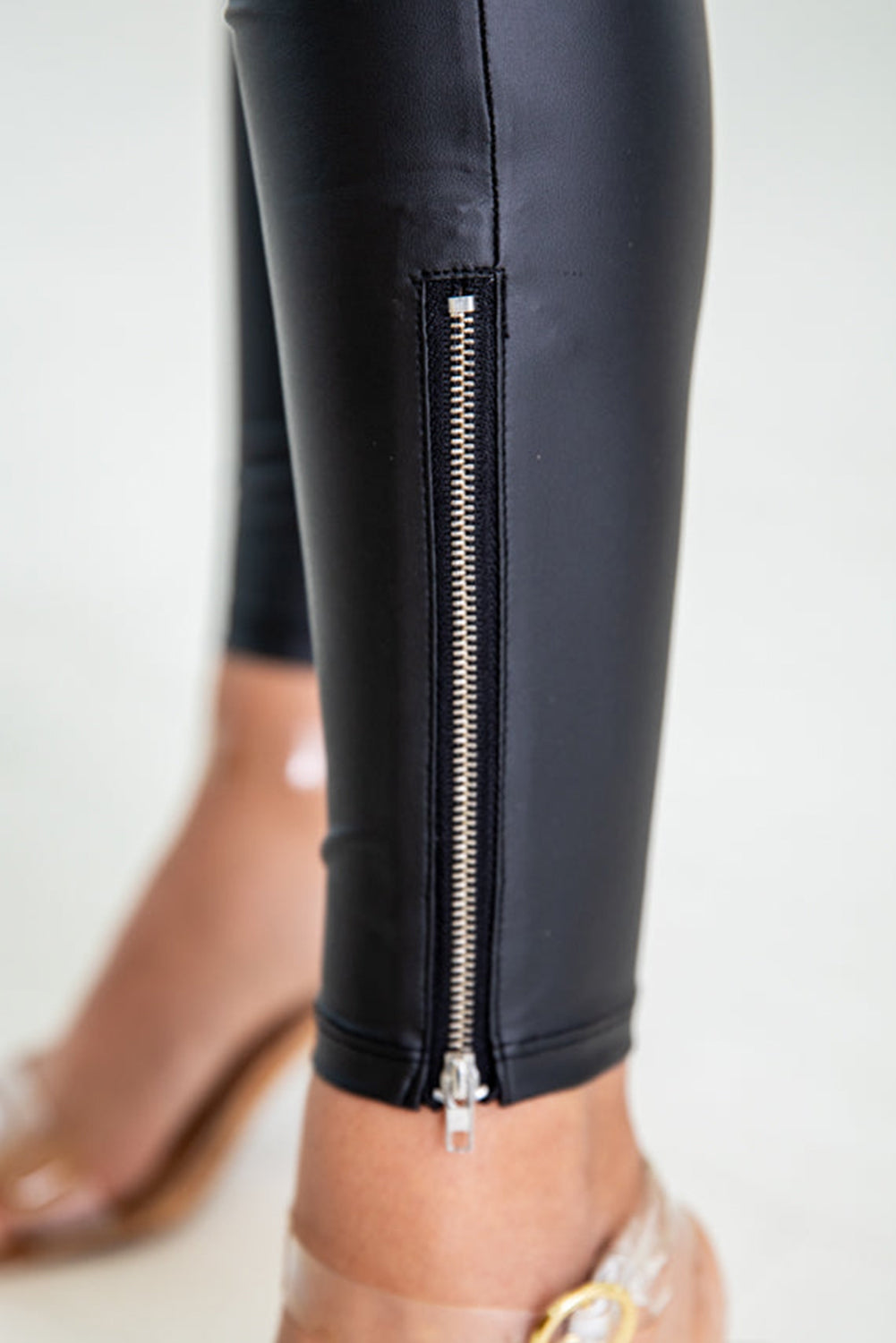 Black Faux Leather Zipped Detail Leggings*