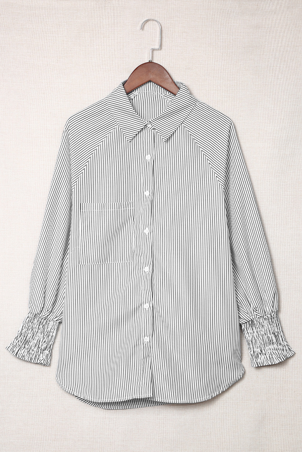 Black Striped Casual Shirred Cuffs Shirt *