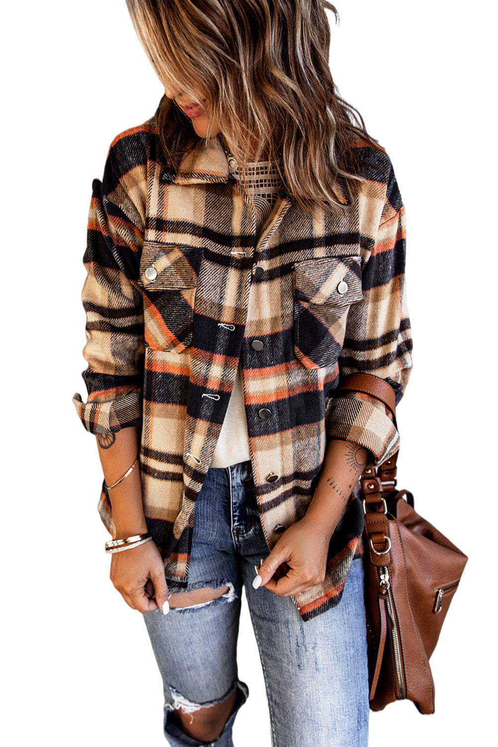 Multicolor Plaid Casual Button Up Flannel Shacket *