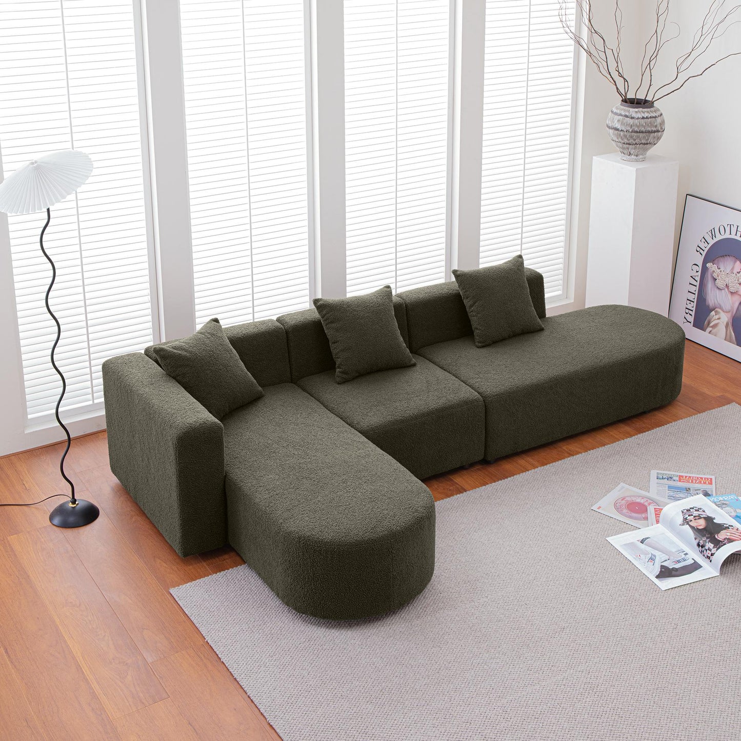 L shape Boucle Sofa with Curved Seat