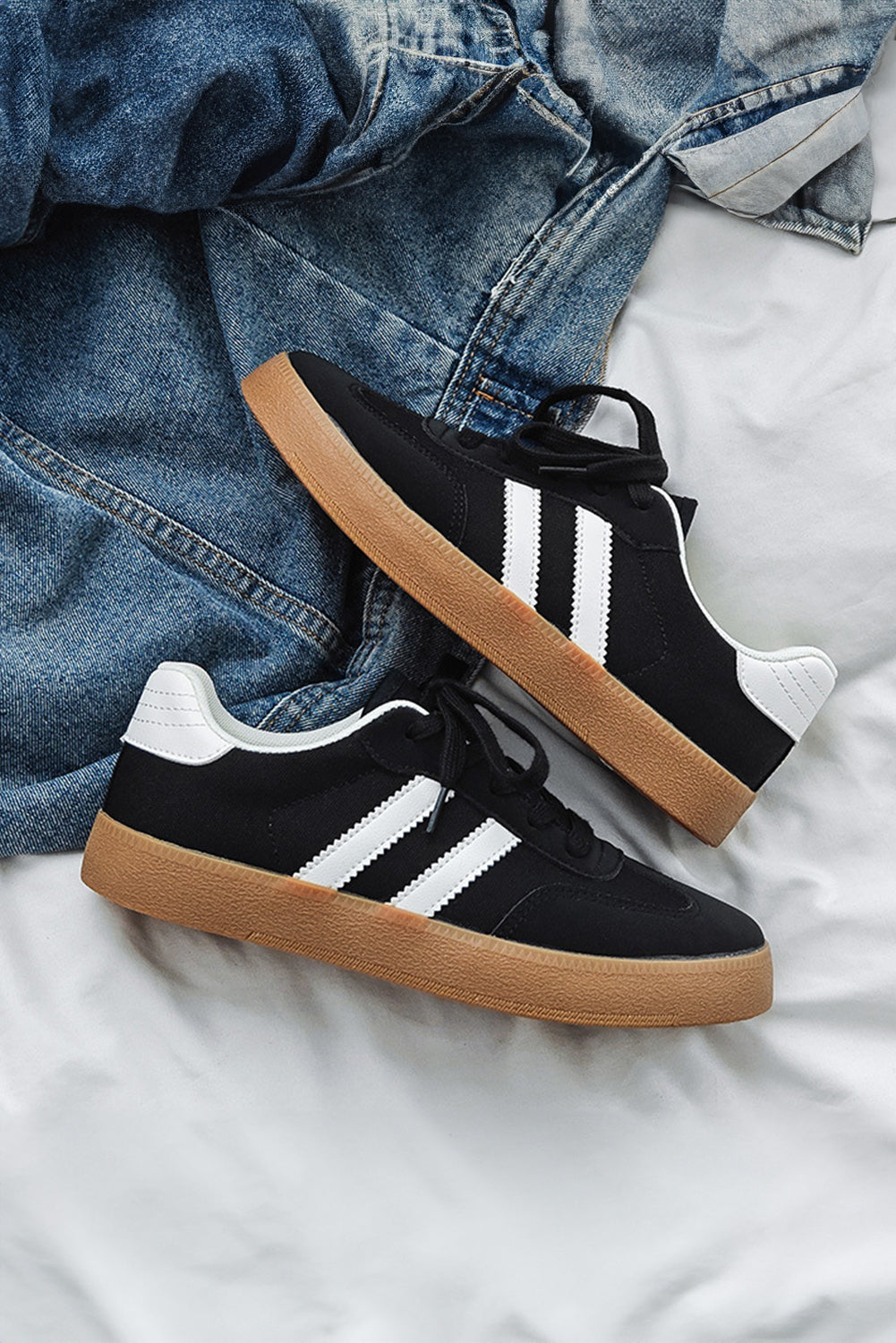 Black Striped Lace Up Flat Sneakers