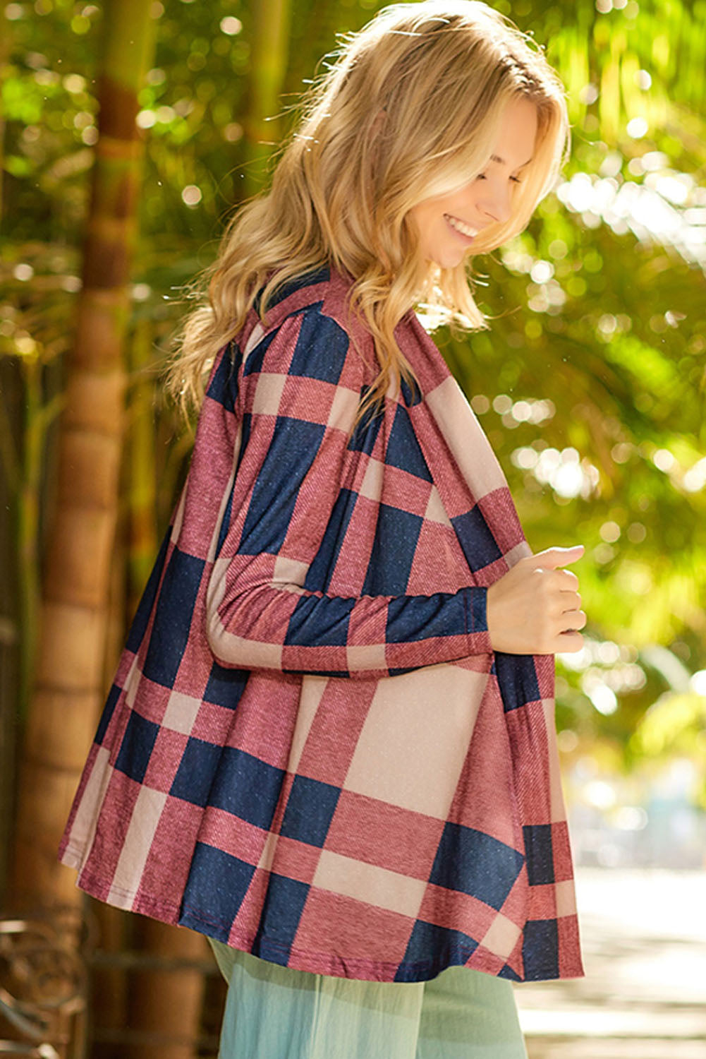 Plaid Casual Draped Open Front Cardigan *