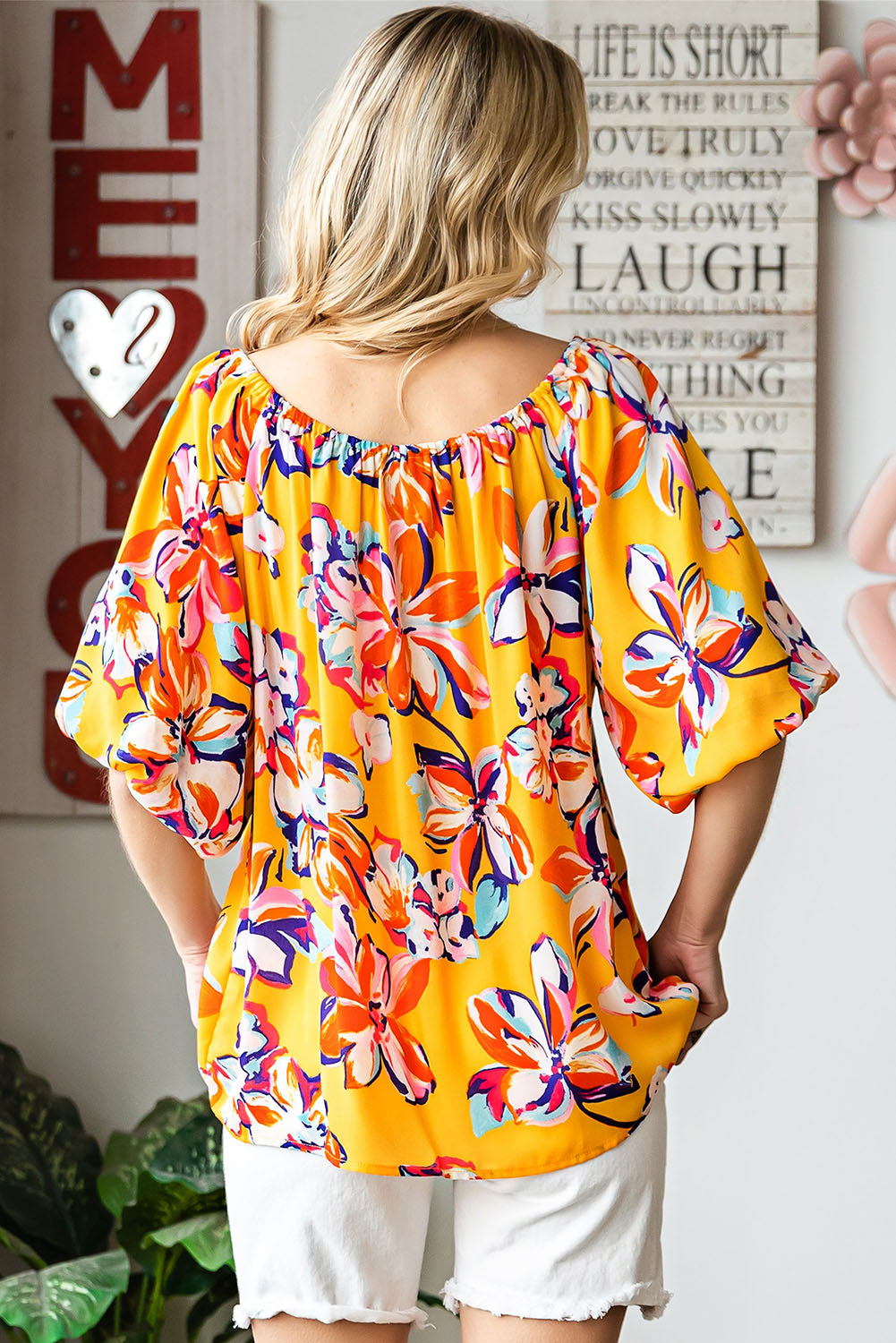 Floral Print Boho Half Sleeve Bishop Sleeve Blouse *