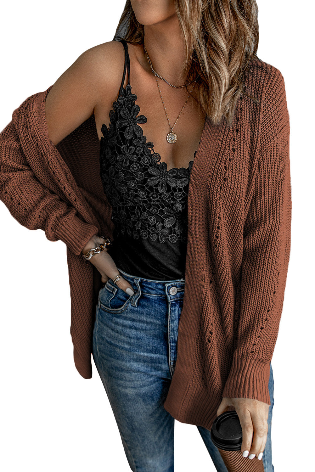 Khaki Fall Long Sleeve Long Cardigan Sweater *