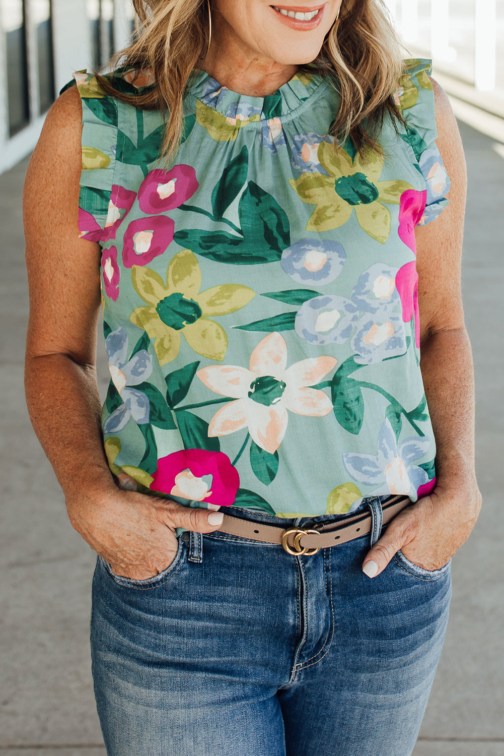 Floral Print Ruffle Trim Sleeveless Shirt *