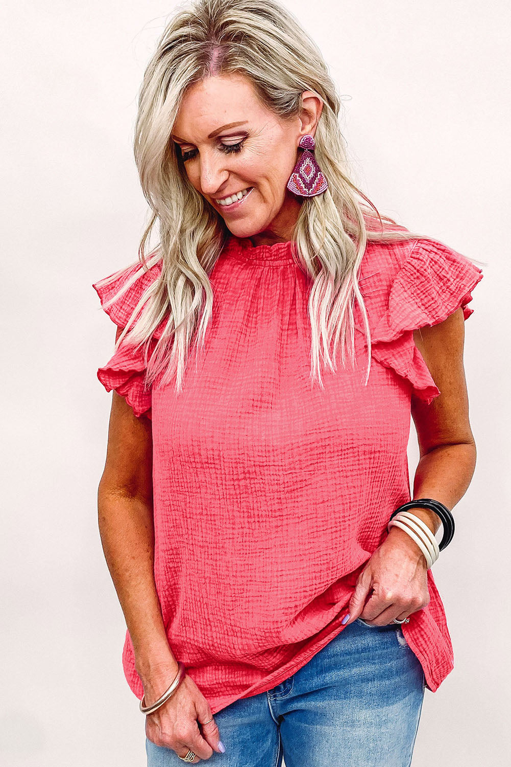 Rosy Crinkled Ruffle Casual Short Sleeve Blouse *