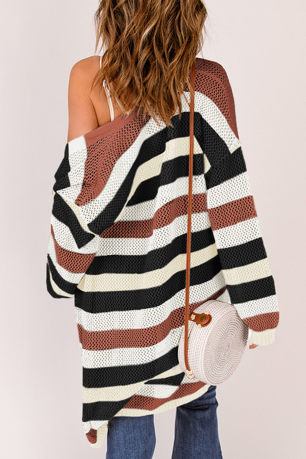 Striped Color Block Hollow Cable Knit Cardigan *