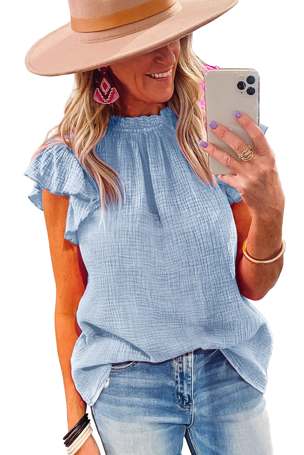 Rosy Crinkled Ruffle Casual Short Sleeve Blouse *