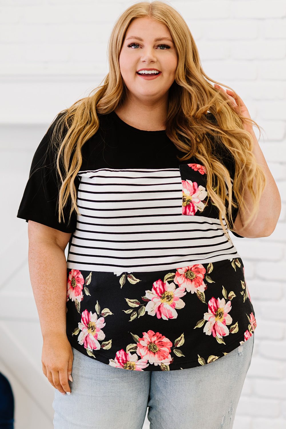 Stripe Floral Casual Splicing Block Plus Size Top *