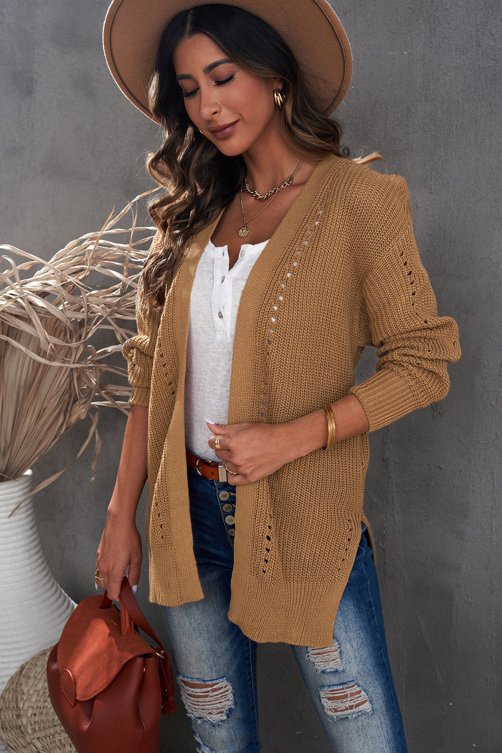 Khaki Fall Long Sleeve Long Cardigan Sweater *