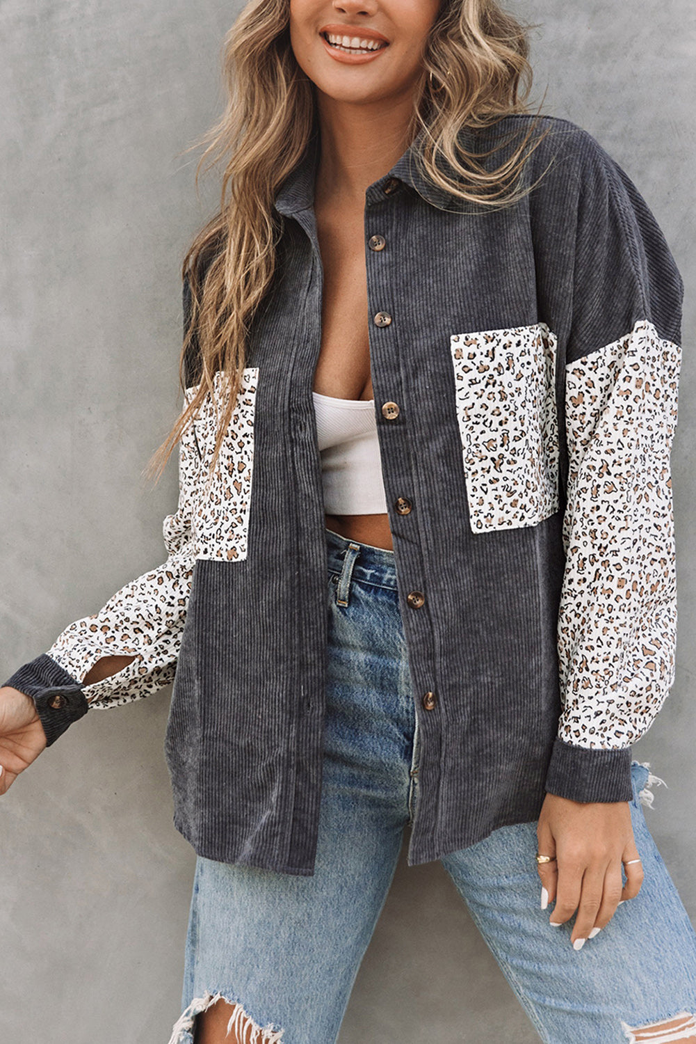 Leopard Patchwork Corduroy Buttoned Shirt Jacket *