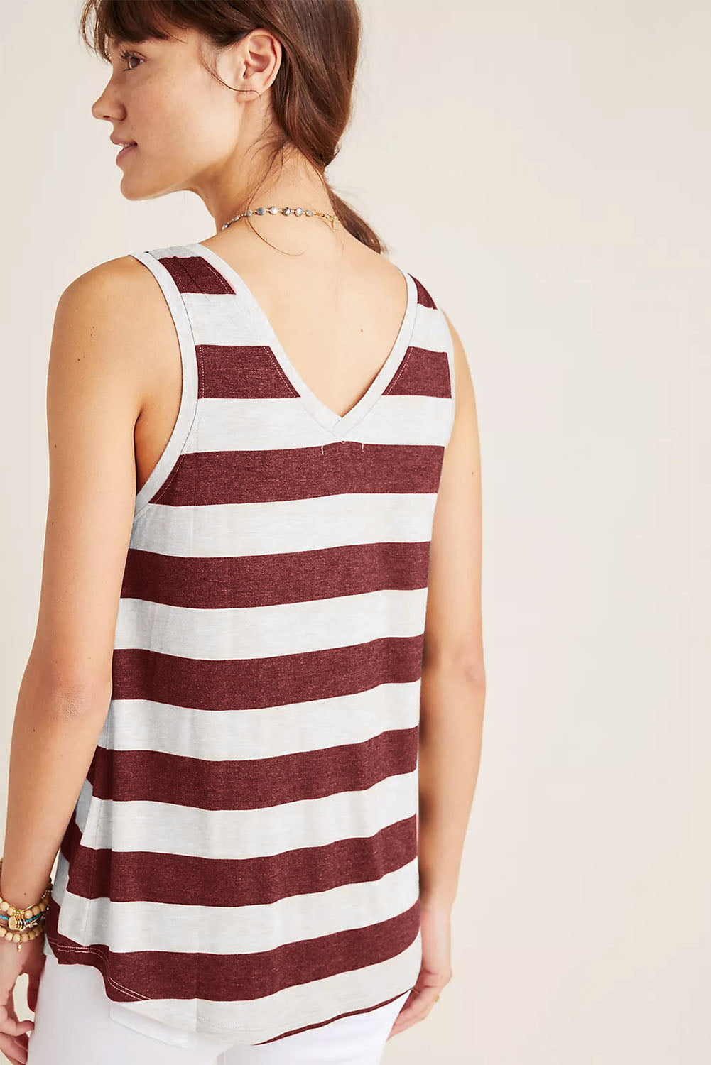 Striped Colorblock V Neck Casual Tank Top