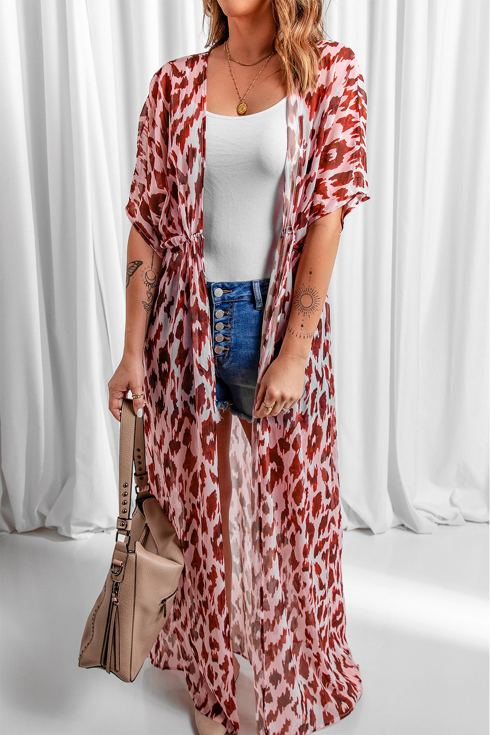 Animal Print Half Sleeve Duster Cardigan