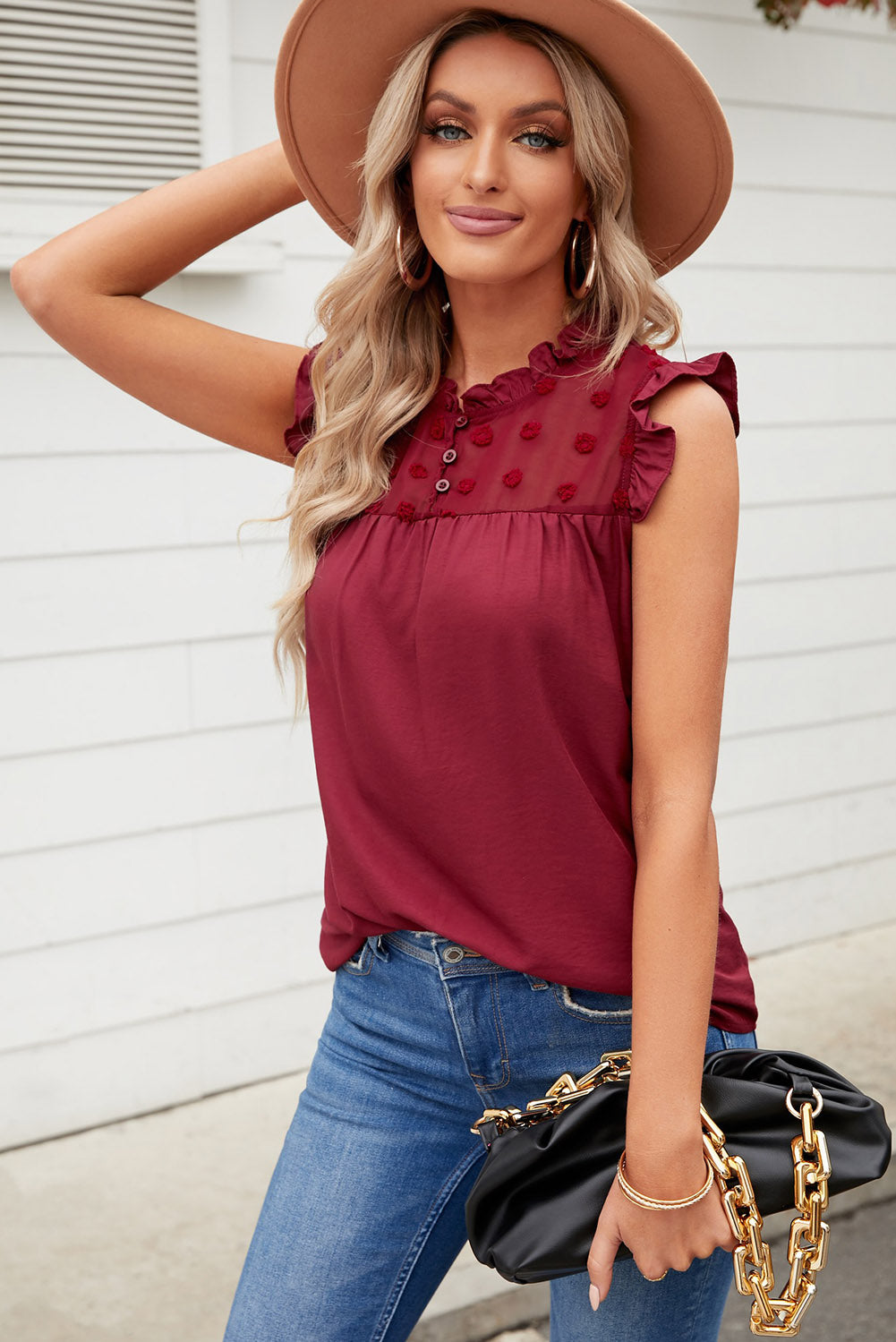 Burgundy Ruffle Trim Swiss Dot Button Closure Sleeveless Shirt *