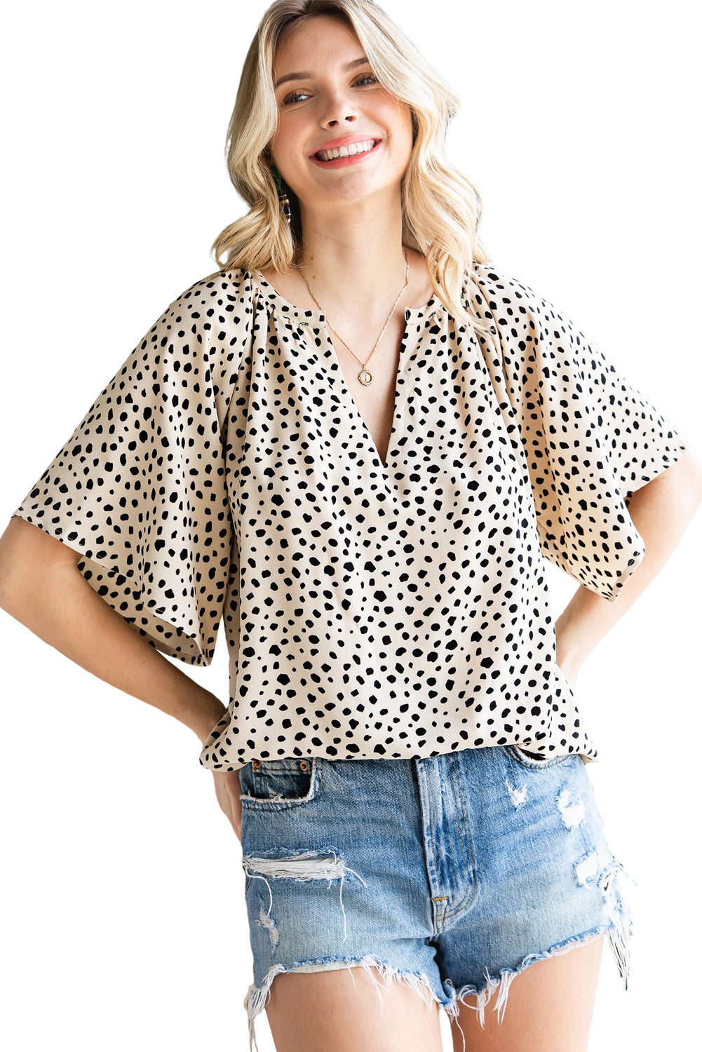 Cheetah Notch V Neck Casual Ruffle Sleeve Blouse *