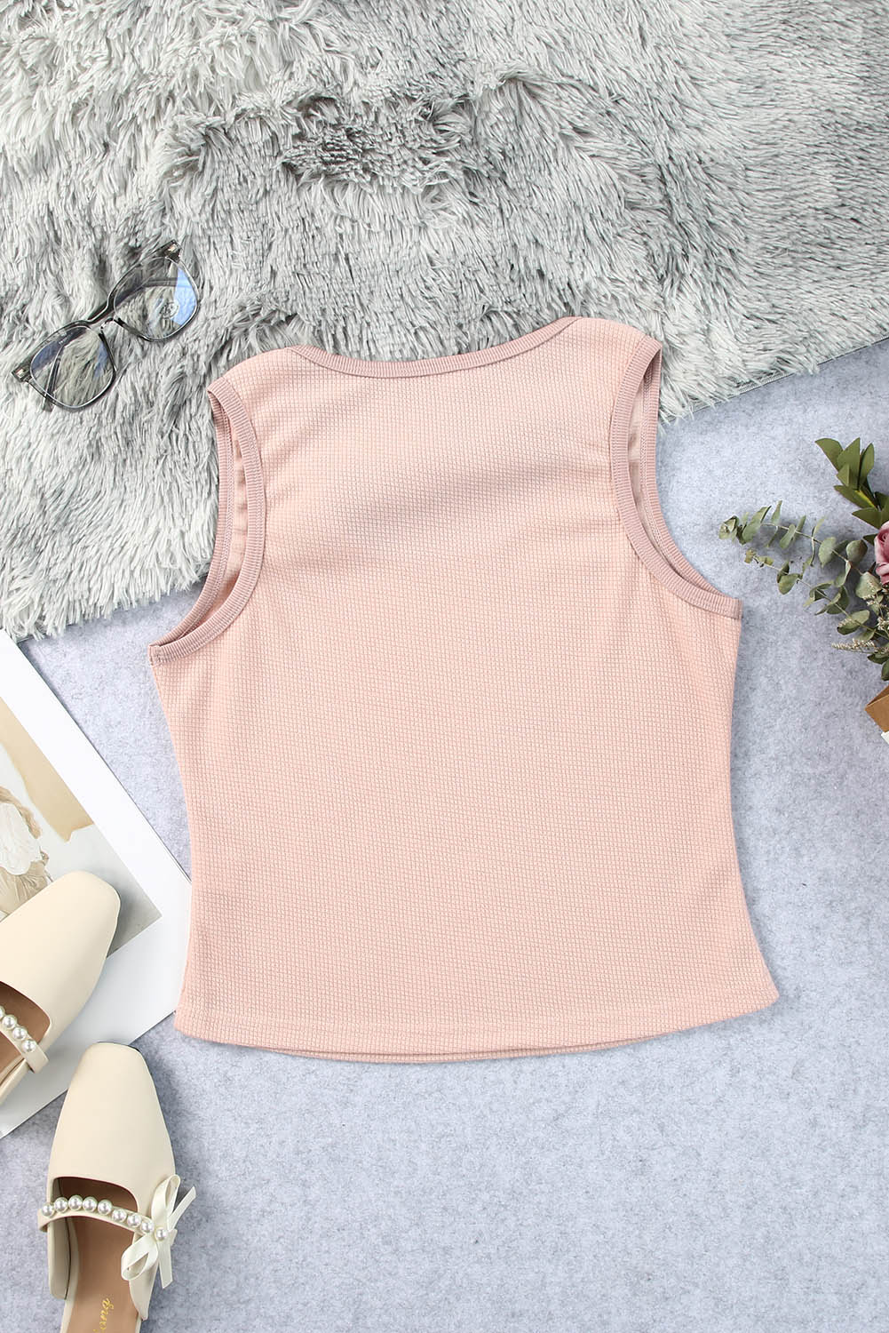 Grey Plain Basic Waffle Knit U Neck Tank Top