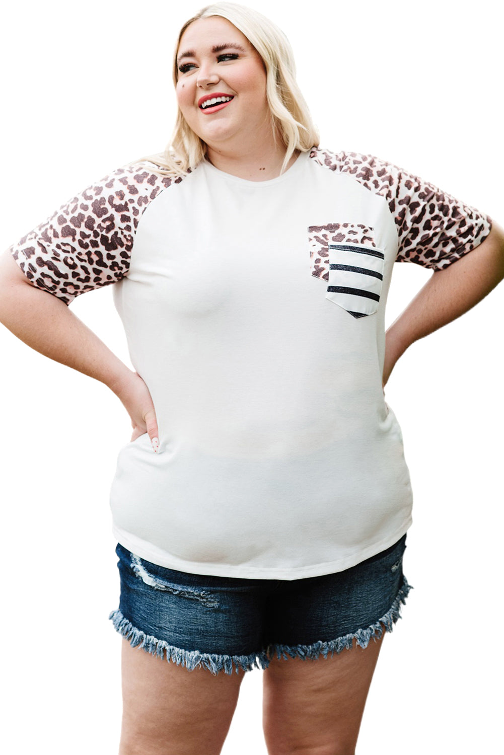 Leopard Striped Double Pocket Plus Size Tee *