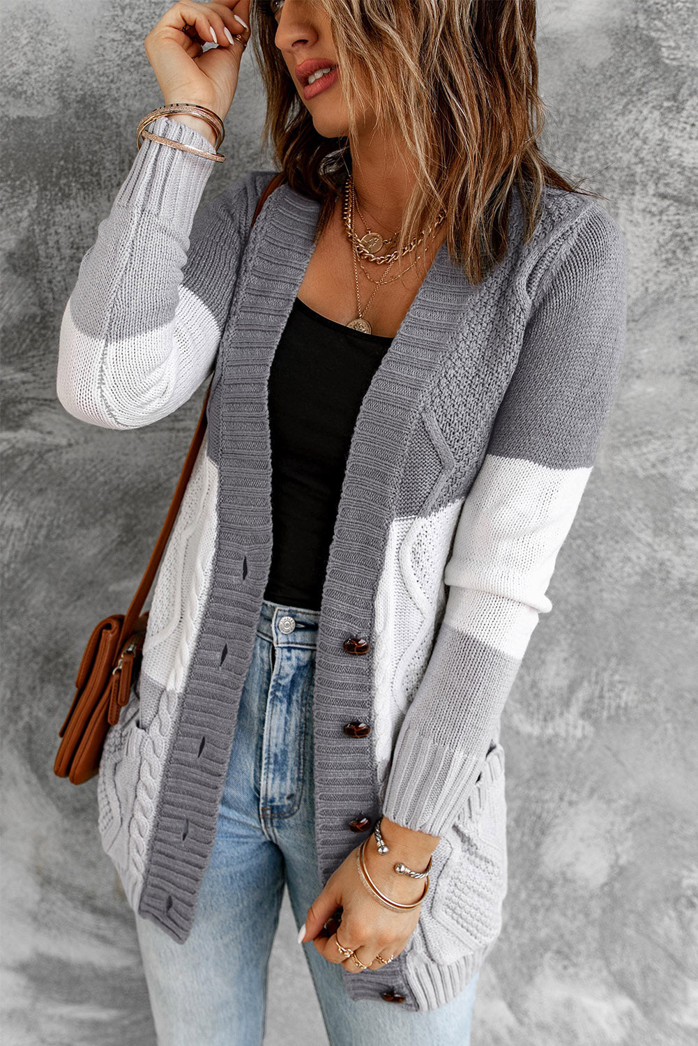 Color Block Button Up Closure Knitted Cardigan with Pocket *