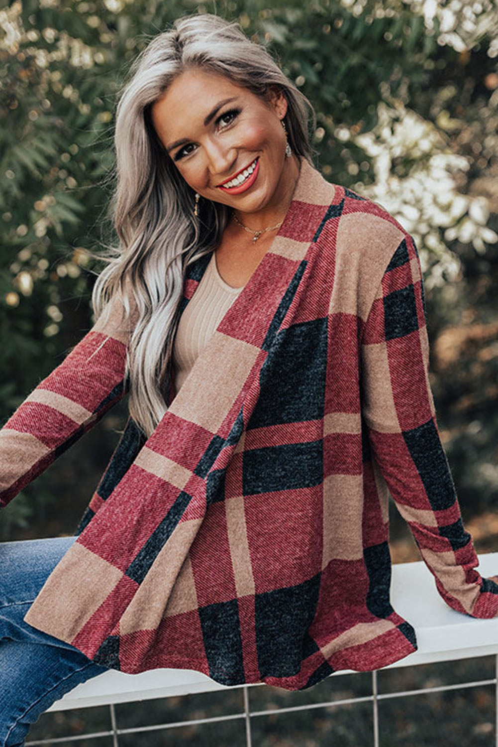 Plaid Casual Draped Open Front Cardigan *