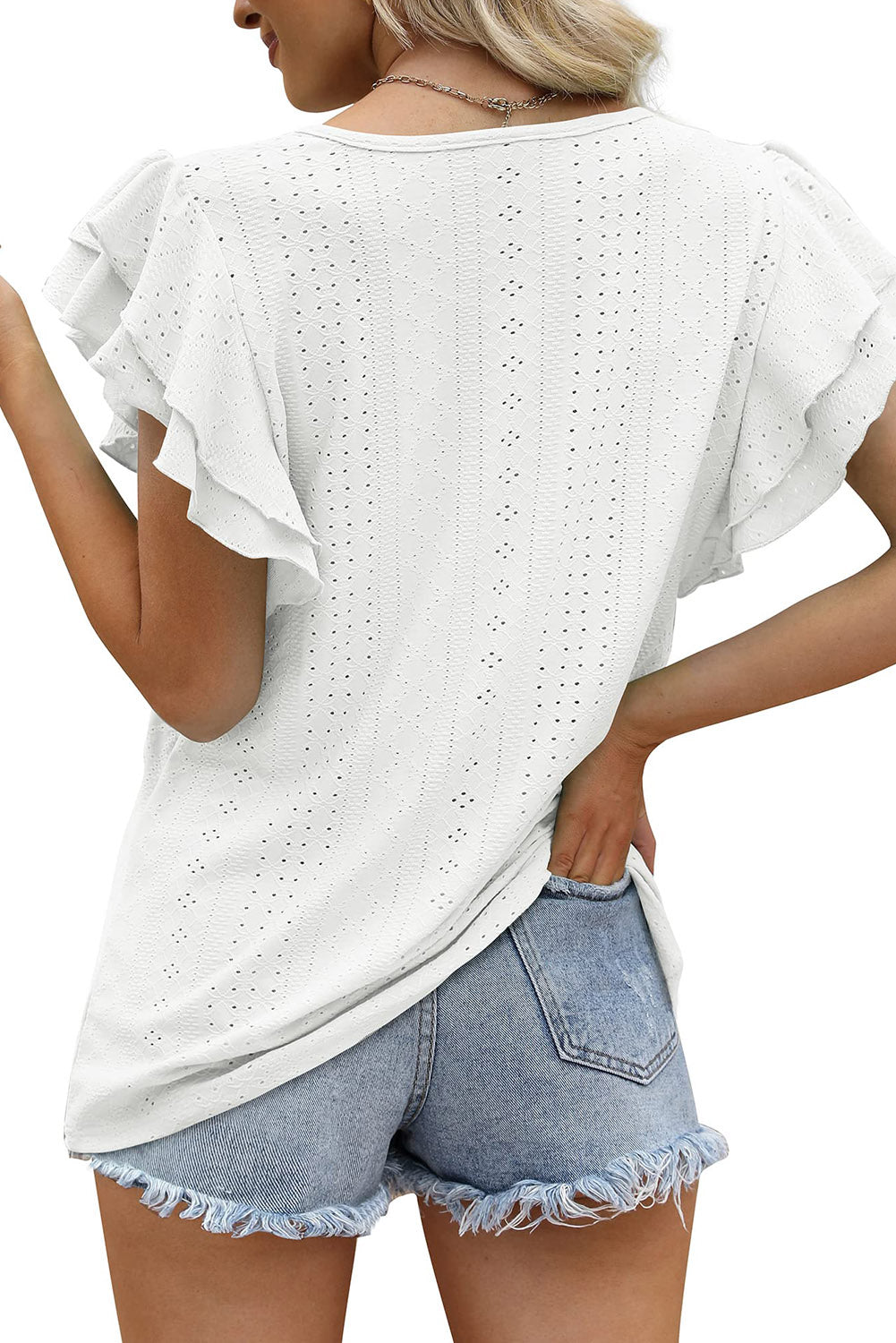 Eyelet Textured Ruffle Short Sleeve Blouse *