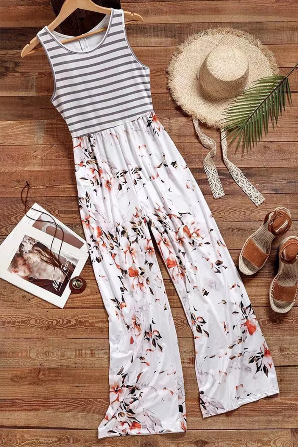 Striped Floral Pocket Sleeveless Jumpsuit With Pockets *