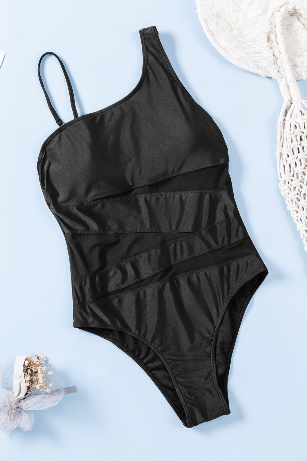 Sexy Asymmetrical Neck Mesh Cuouts One Piece Swimsuit *