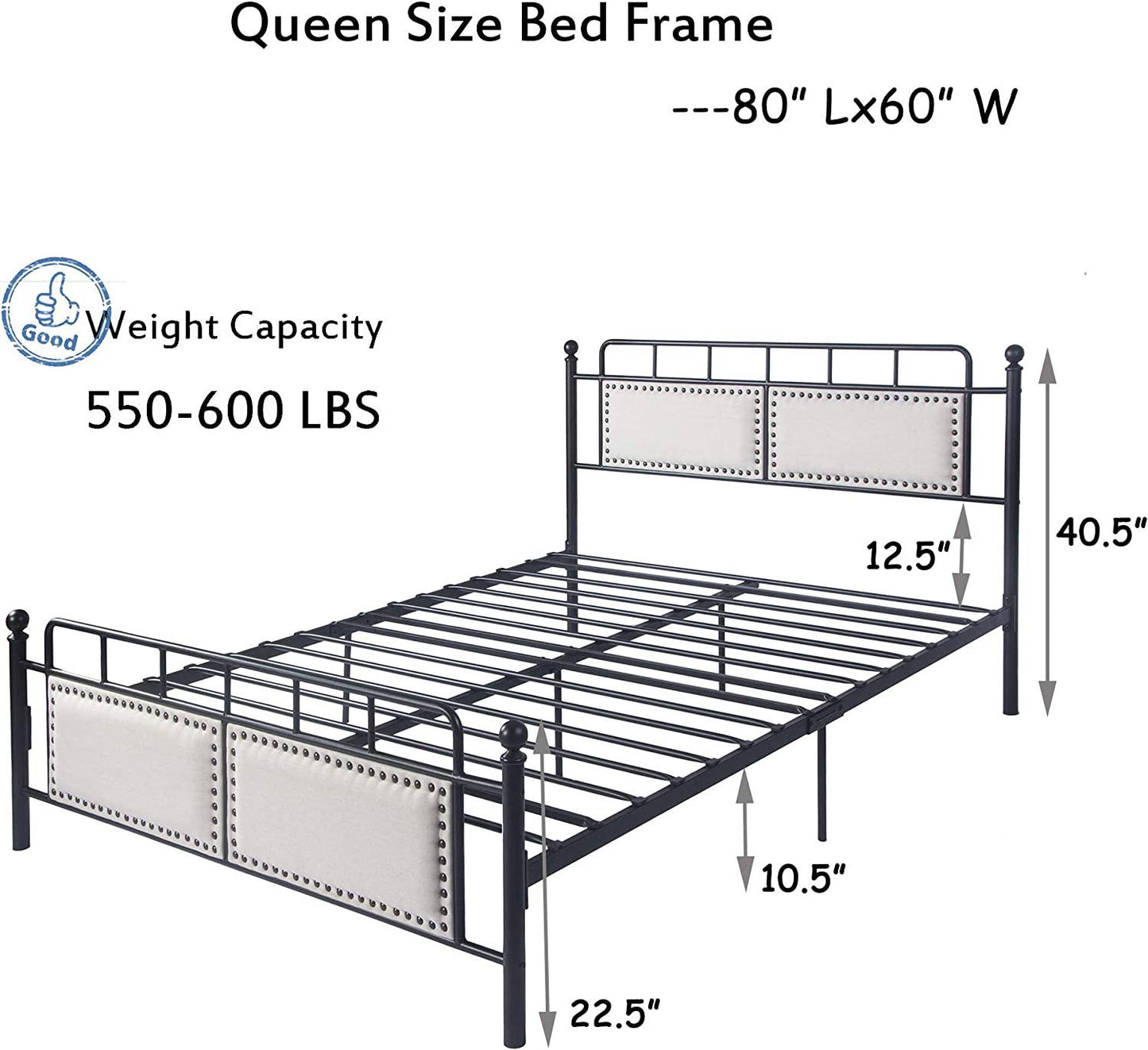 Metal Queen Bed Frame with Upholstered Headboard & Footboard