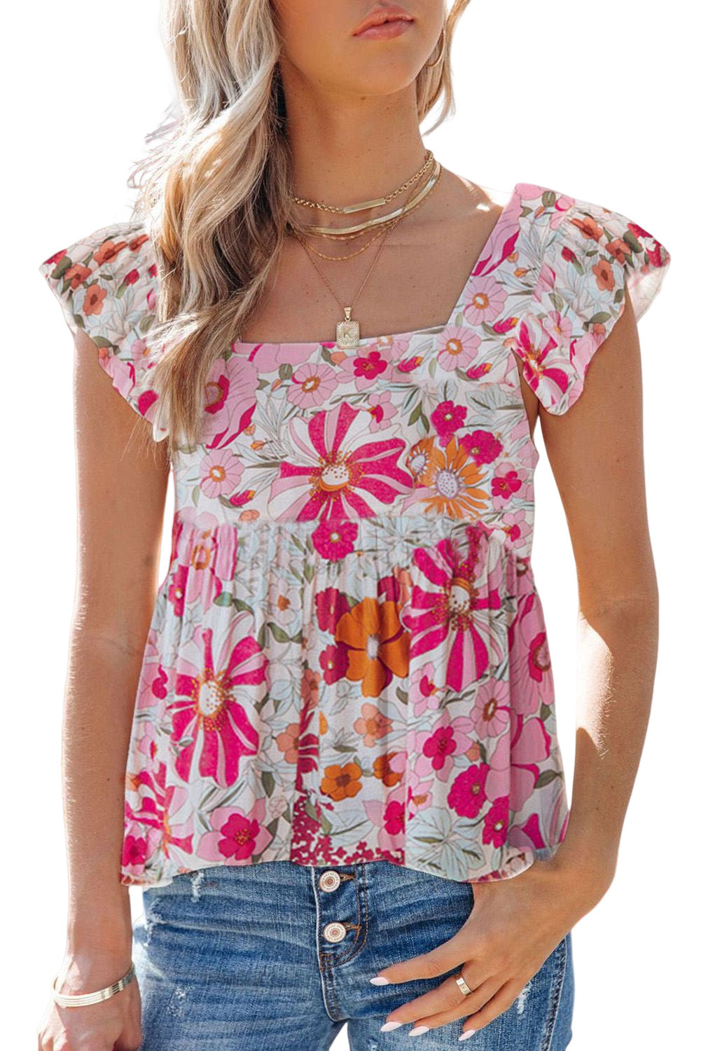 Multicolor Floral Print Flowy Flutter Sleeveless Shirt