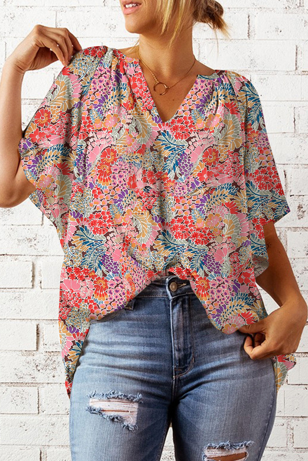 Multicolor Gorgeous Notch V Neck Short Sleeve Floral Blouse *