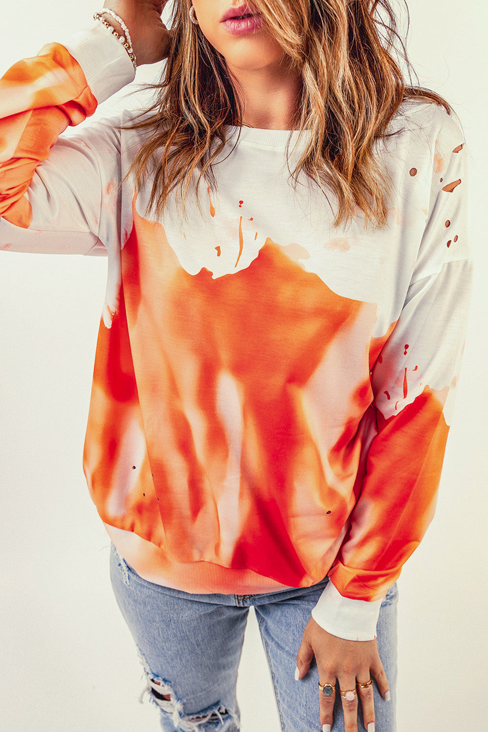 Orange and White Pullover Tie Dye Sweatshirt for Women *