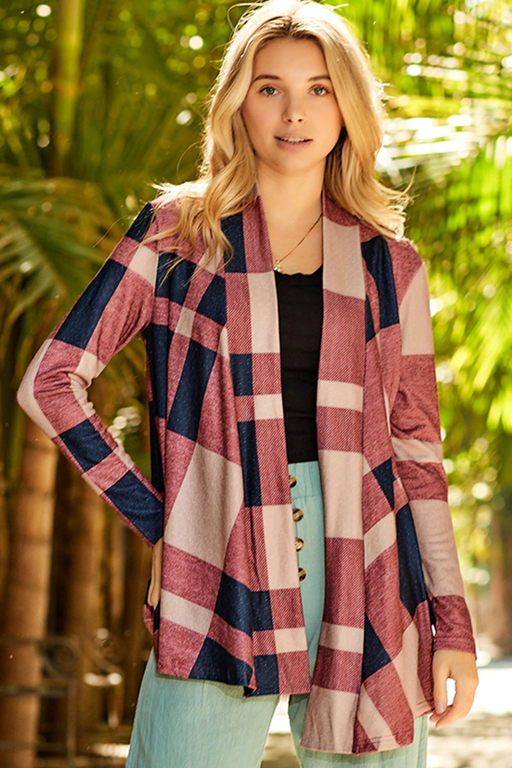 Plaid Casual Draped Open Front Cardigan *