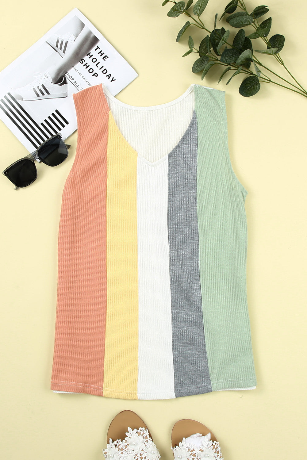 Multicolor Color Block Casual V Neck Waffle Knit Tank Top *