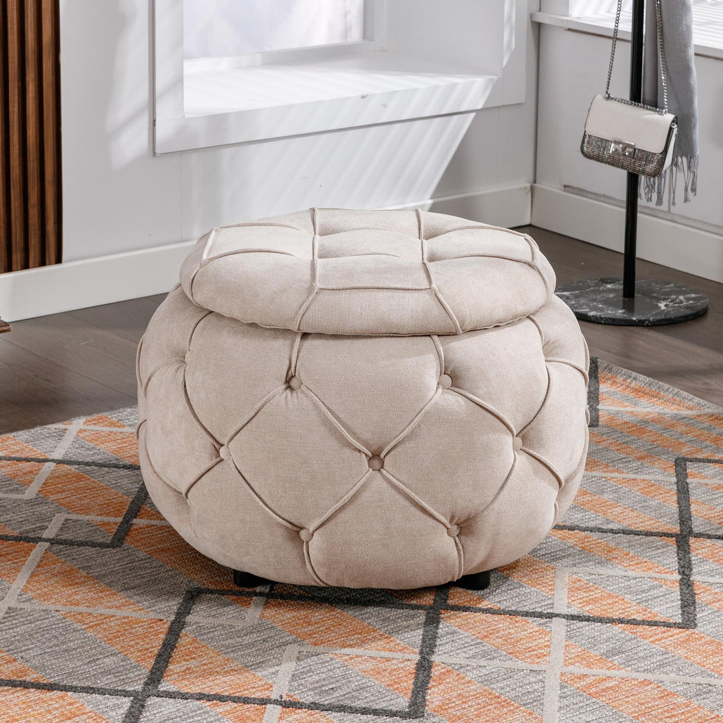 Large Button Tufted Woven Round Storage Footstool