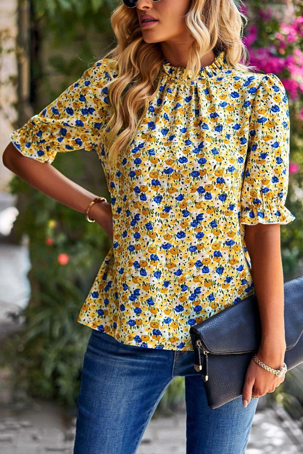 Yellow Floral Boho Frill Mock Neck Blouse