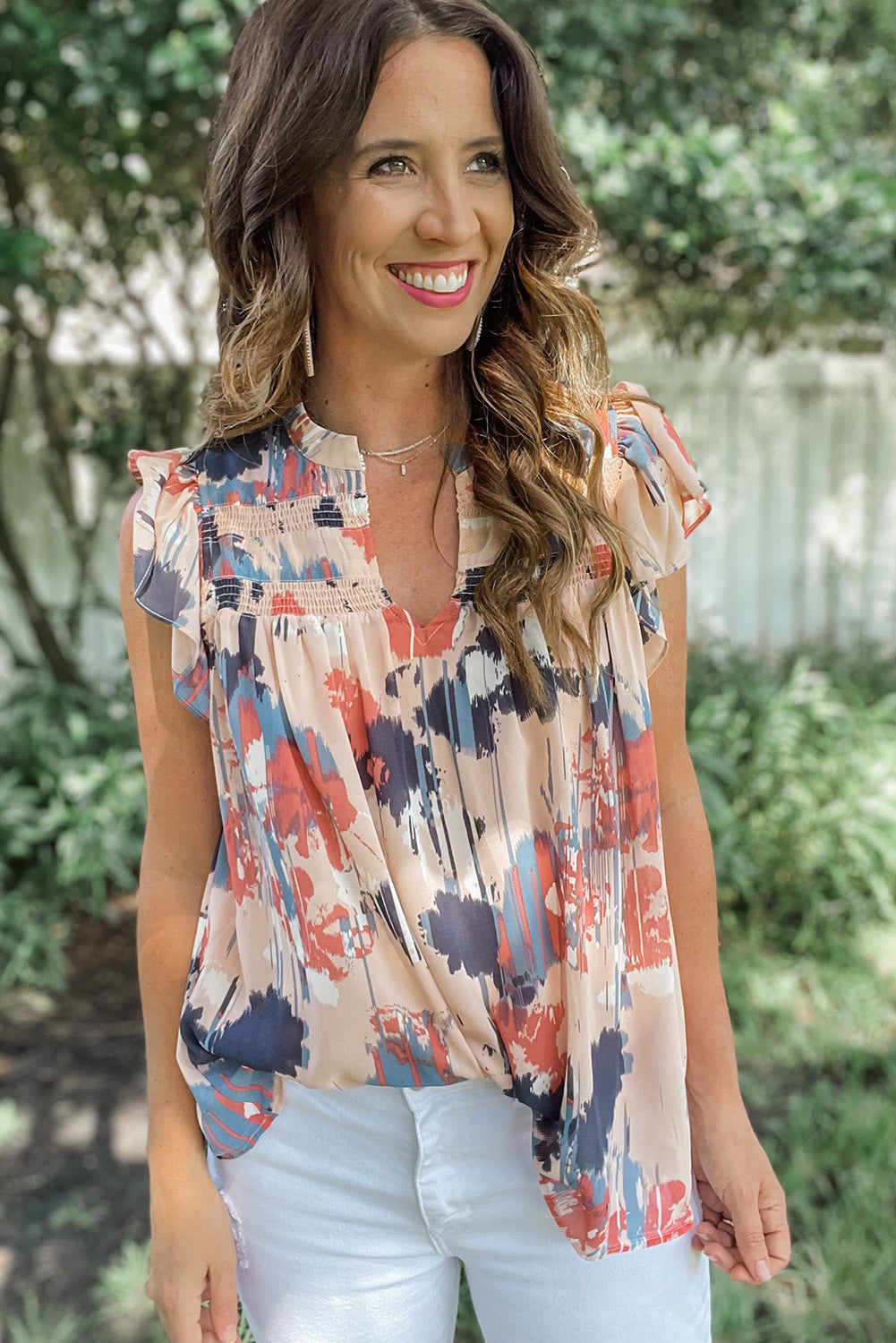 Abstract Print V Neck Boho Shirred Ruffle Sleeveless Shirt *