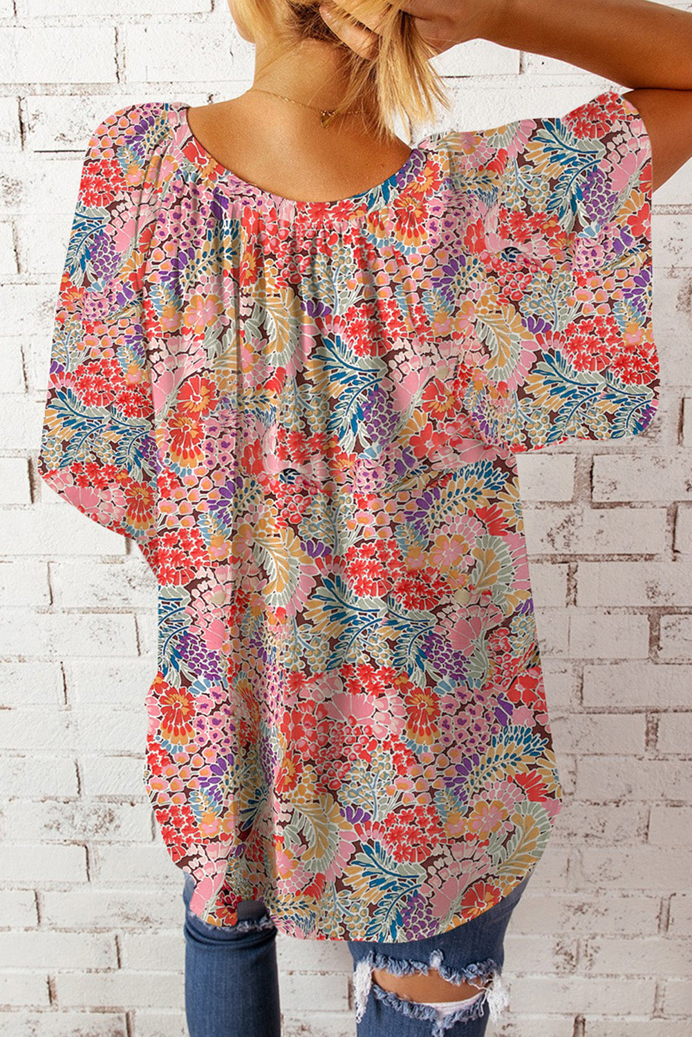 Multicolor Gorgeous Notch V Neck Short Sleeve Floral Blouse *