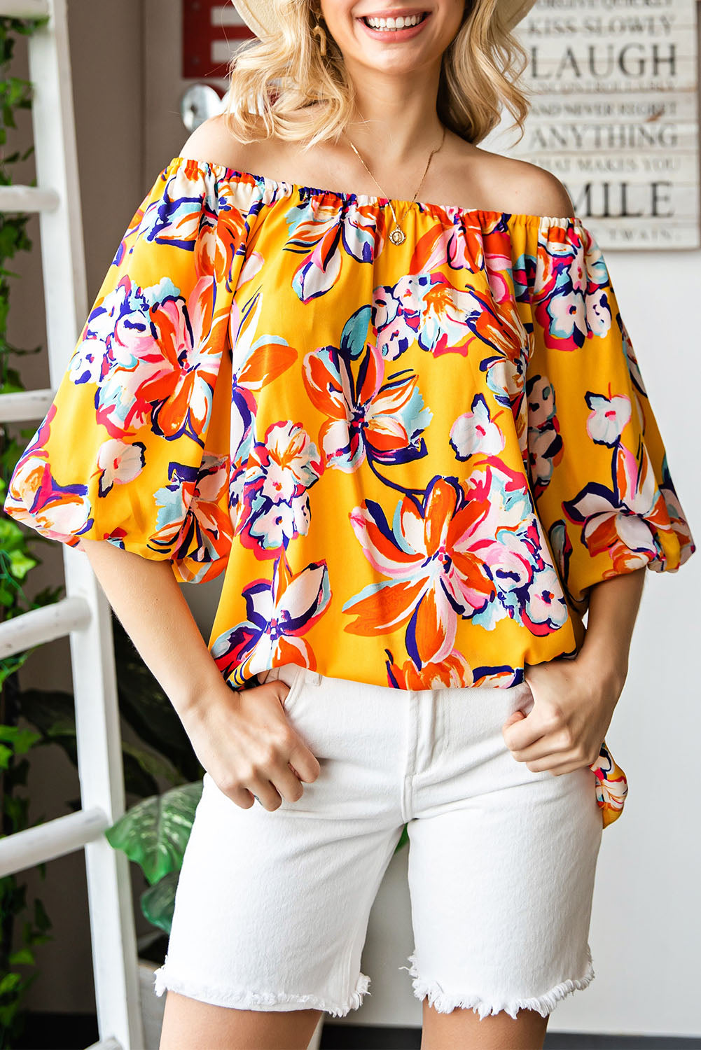 Floral Print Boho Half Sleeve Bishop Sleeve Blouse *