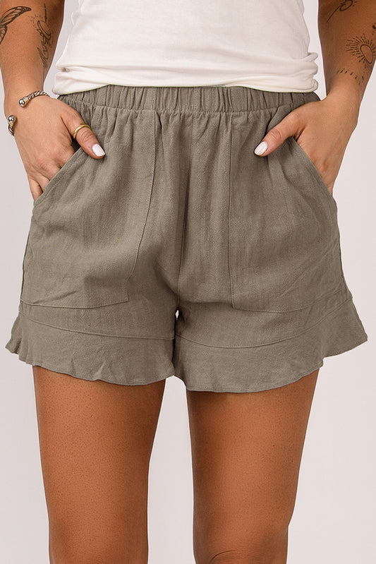 Khaki Casual Pocketed Ruffle High Waist Shorts *