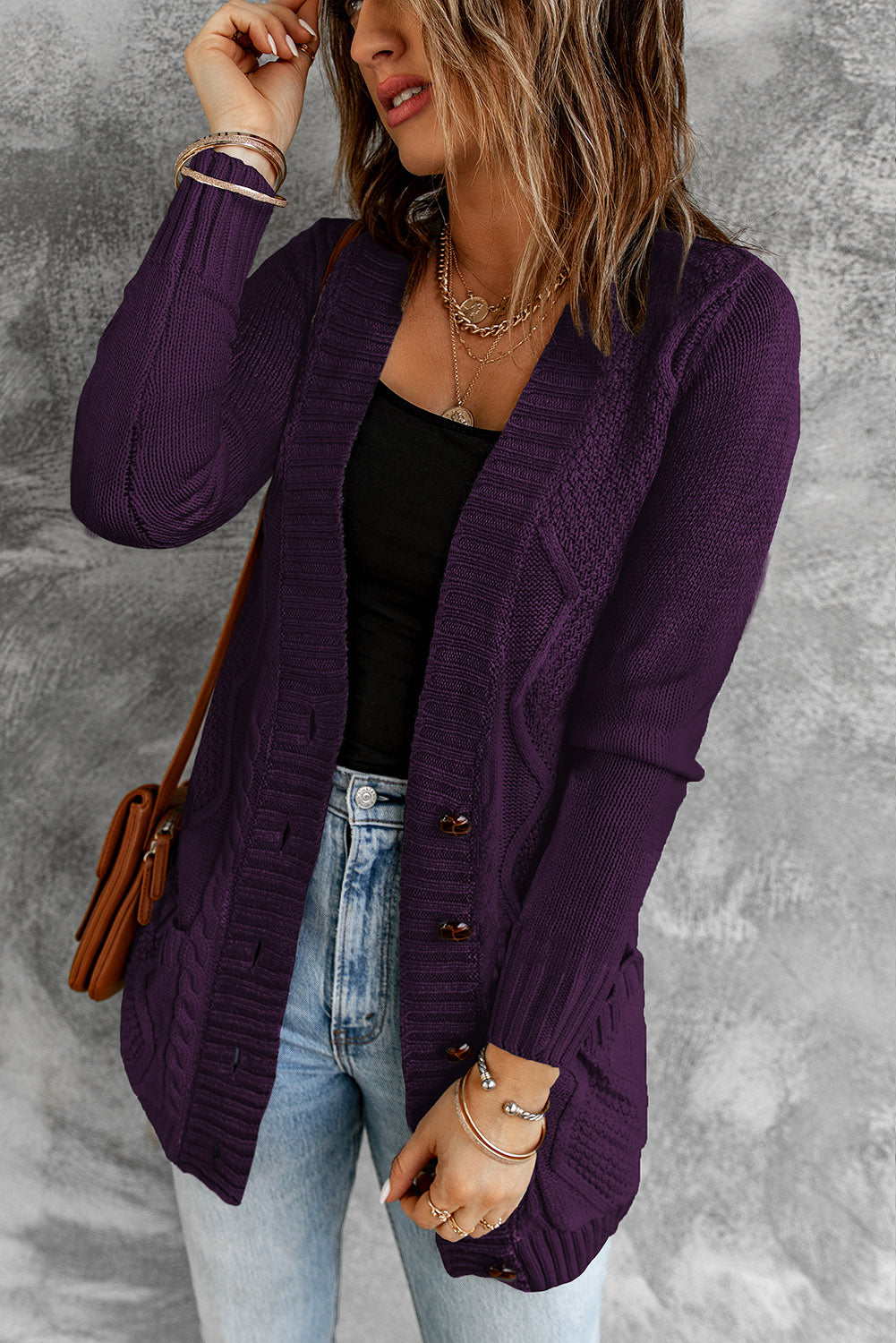 Color Block Button Up Closure Knitted Cardigan with Pocket *