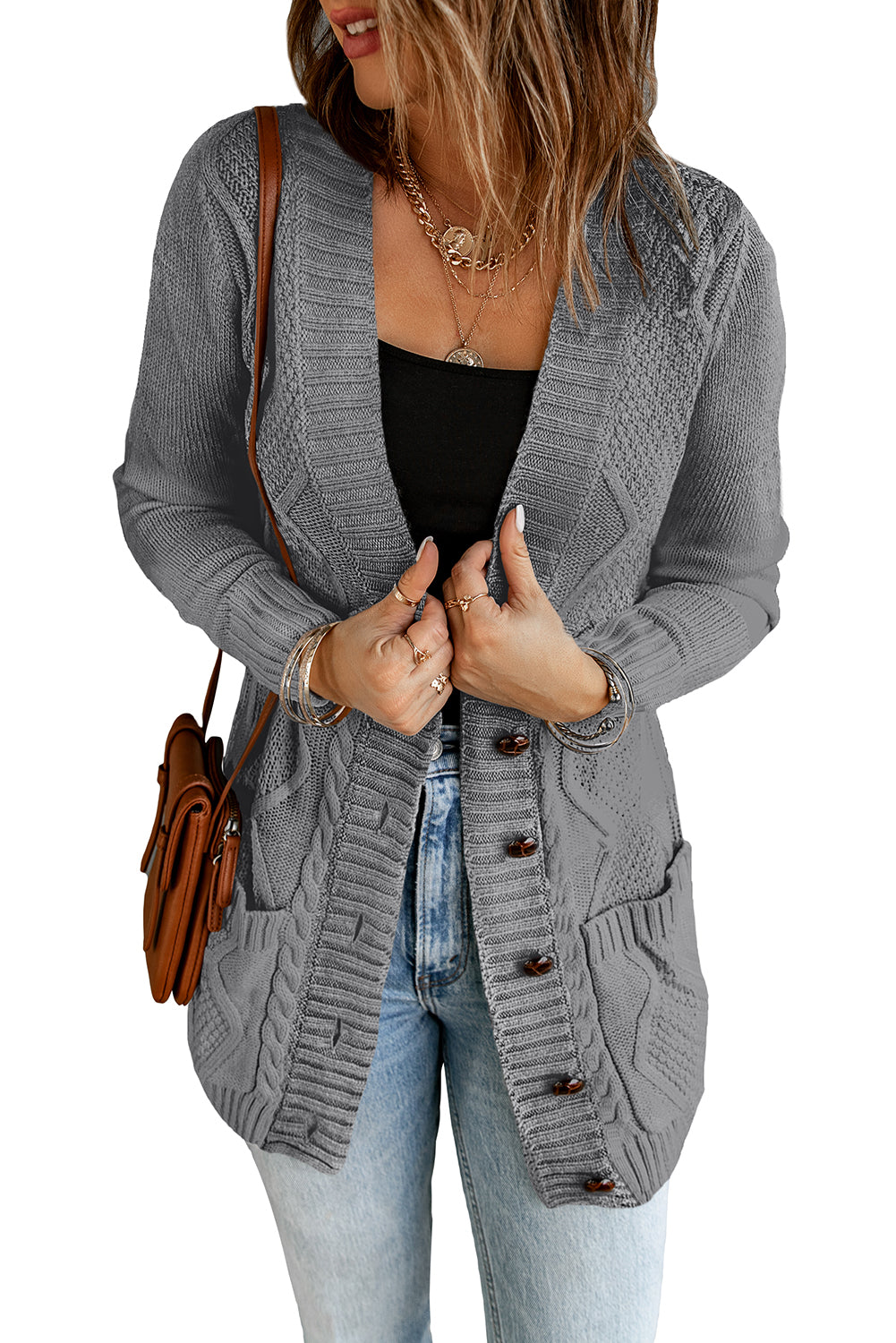 Color Block Button Up Closure Knitted Cardigan with Pocket *