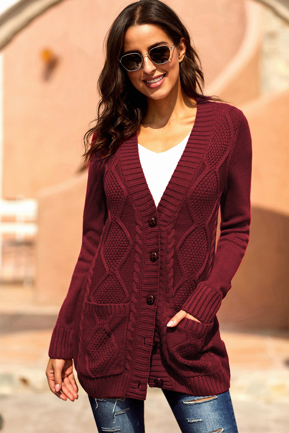 Color Block Button Up Closure Knitted Cardigan with Pocket *