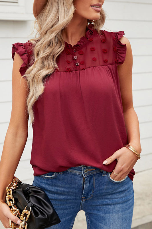 Burgundy Ruffle Trim Swiss Dot Button Closure Sleeveless Shirt *