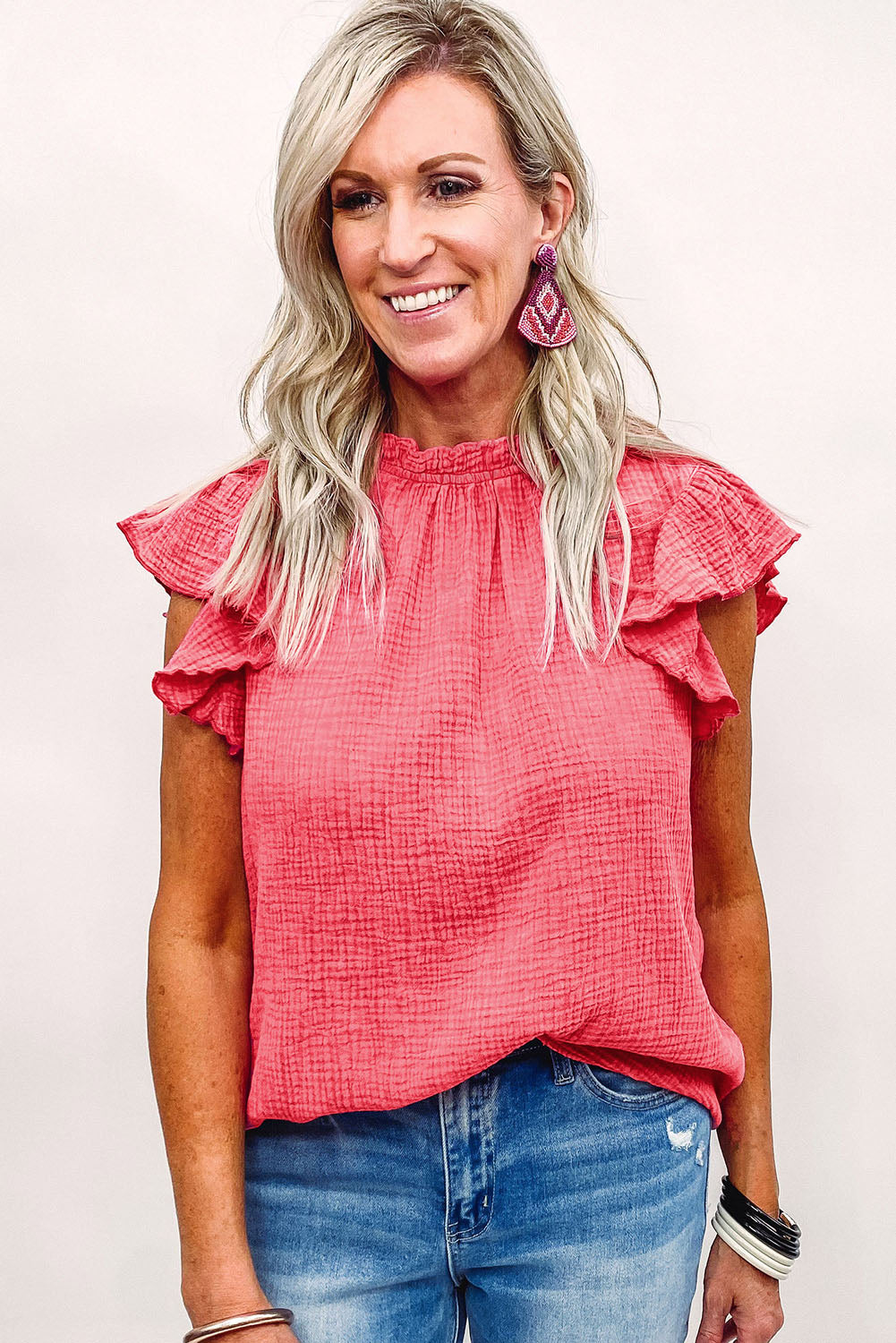 Rosy Crinkled Ruffle Casual Short Sleeve Blouse *