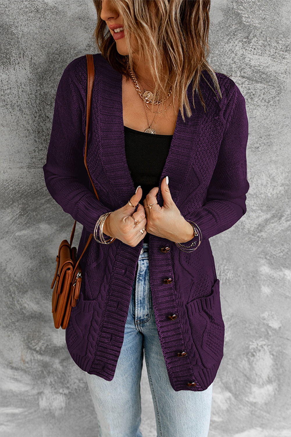 Color Block Button Up Closure Knitted Cardigan with Pocket *