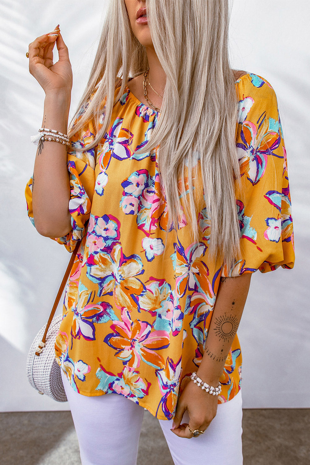 Floral Print Boho Half Sleeve Bishop Sleeve Blouse *