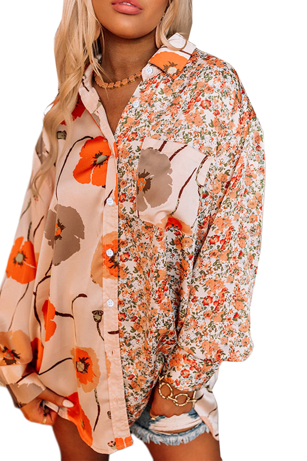 Bohemian Floral Pockets Patchwork Button Up Shirt *