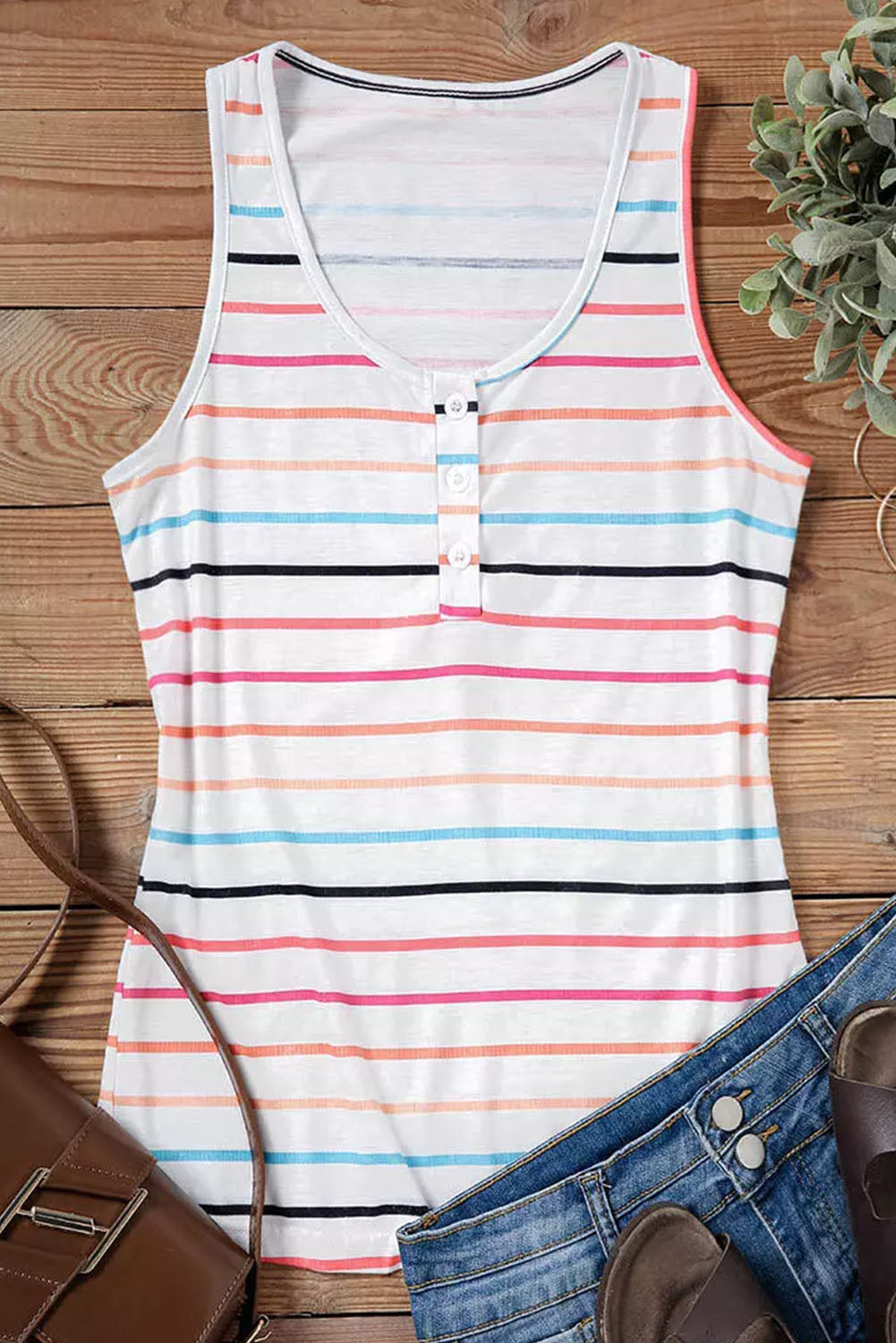 Multicolor Striped Print U Neck Casual Henley Tank Top *